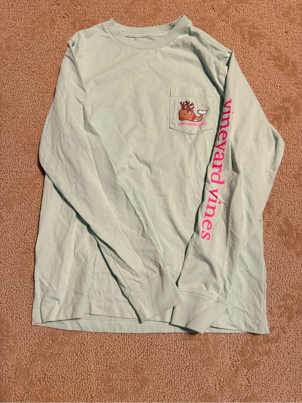 Vineyard Vines Holiday Girls Mint Long-Sleeve Tee with Pink Sleeve Logo